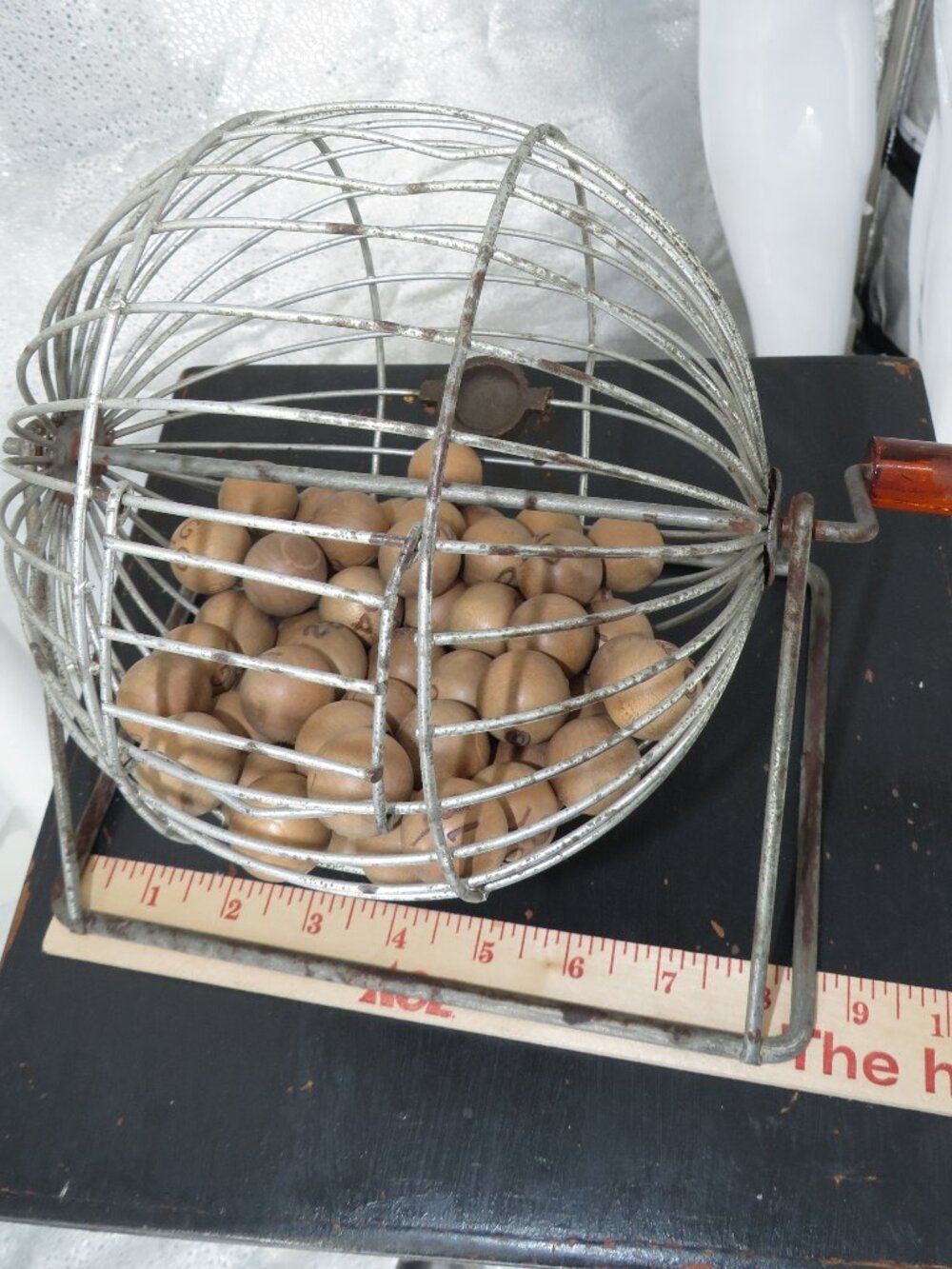 Vintage Wire Bingo Cage Hand Crank Spinner Wooden Balls Rustic Industrial Decor